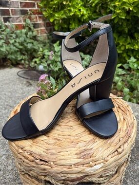Unisa Black Leather Ankle-Strap Block Heels